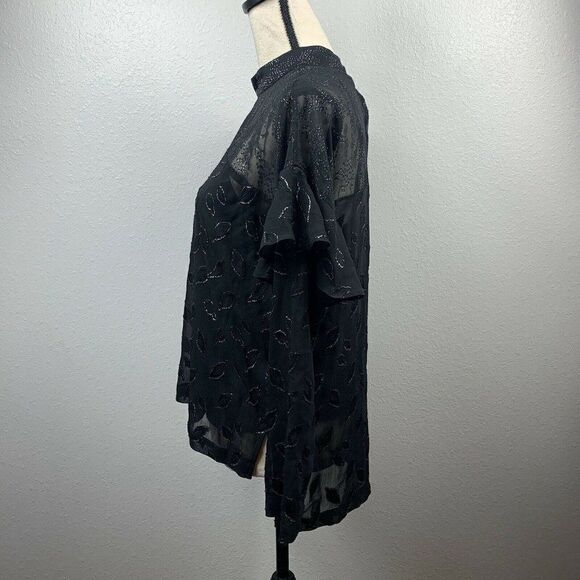 BCBGMAXAZRIA Blouse Womens XXS Black High-Low Sheer Chiffon Metallic Shirt - Picture 4 of 6